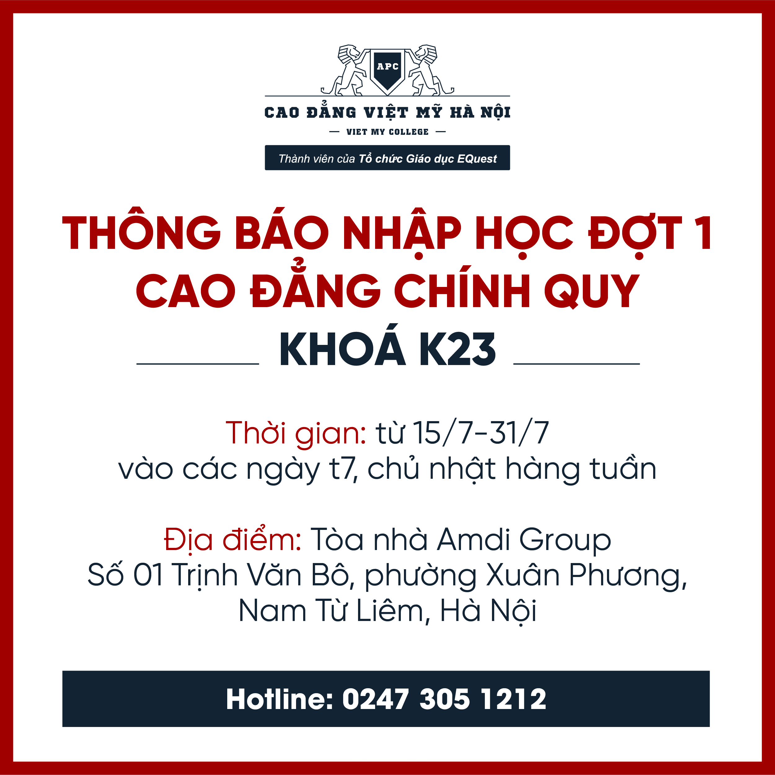 Thông báo Thời gian Nhập học hệ Cao đẳng Chính quy
